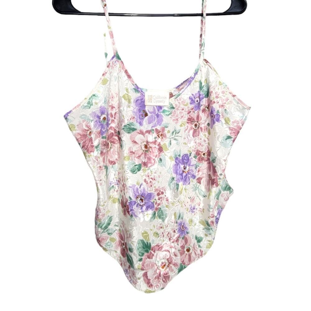 Vintage California Dynasty Satin Floral Scoop Neck Round Hem Cami Women Sz M